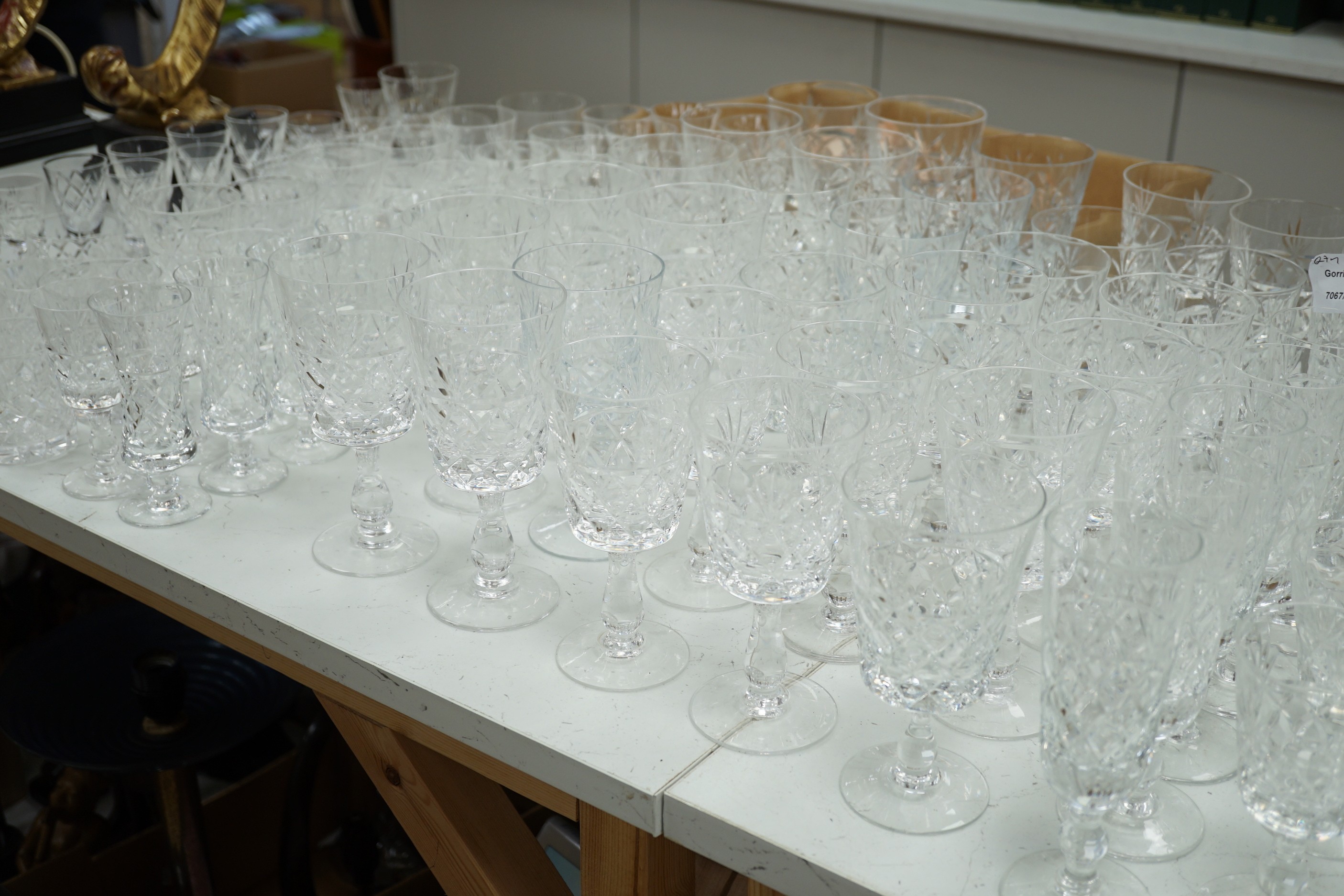 A large quantity cut glass suite of drinking glasses, mostly Brierley Queens pattern.